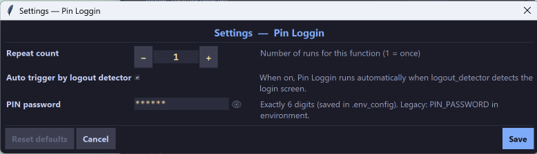 Pin Login settings