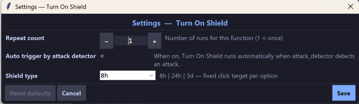 Turn On Shield settings