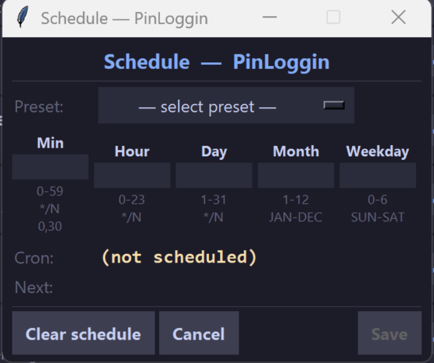 Schedule window and Preset