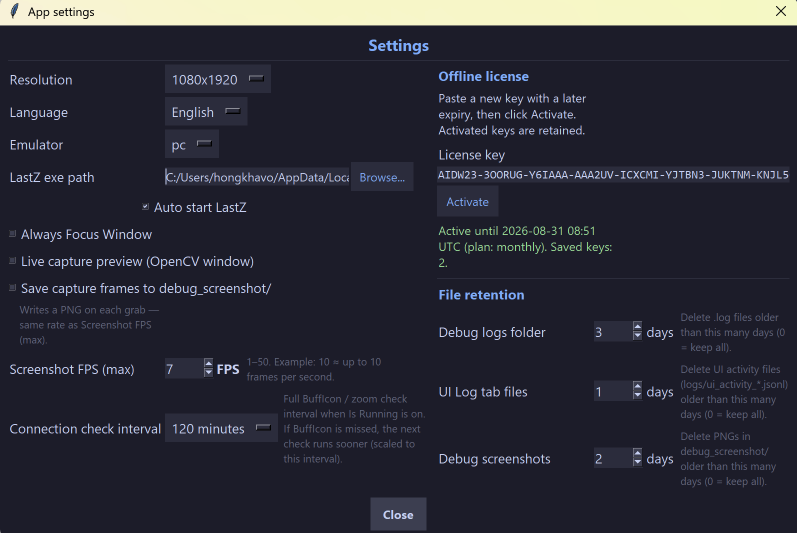 Settings window